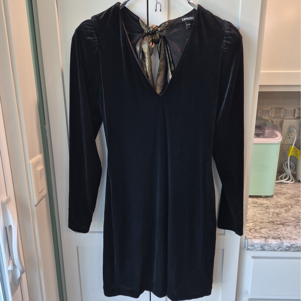 Express Black Velvet Mini Dress Size S Gold Bow Open Back Long Sleeve Holiday